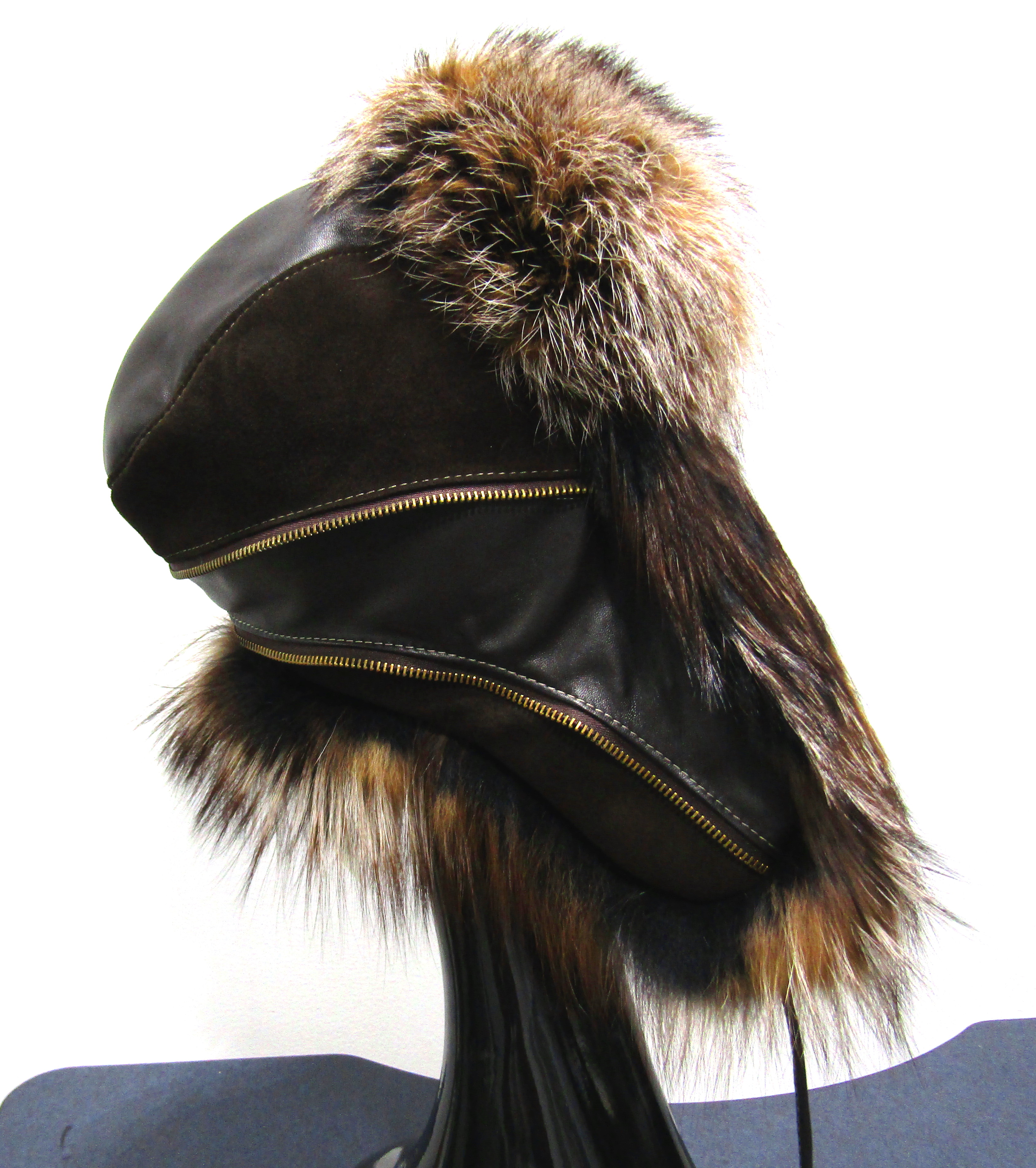New Dyed Crystal Fox  Trapper Hat  w Brown Leather Suede 