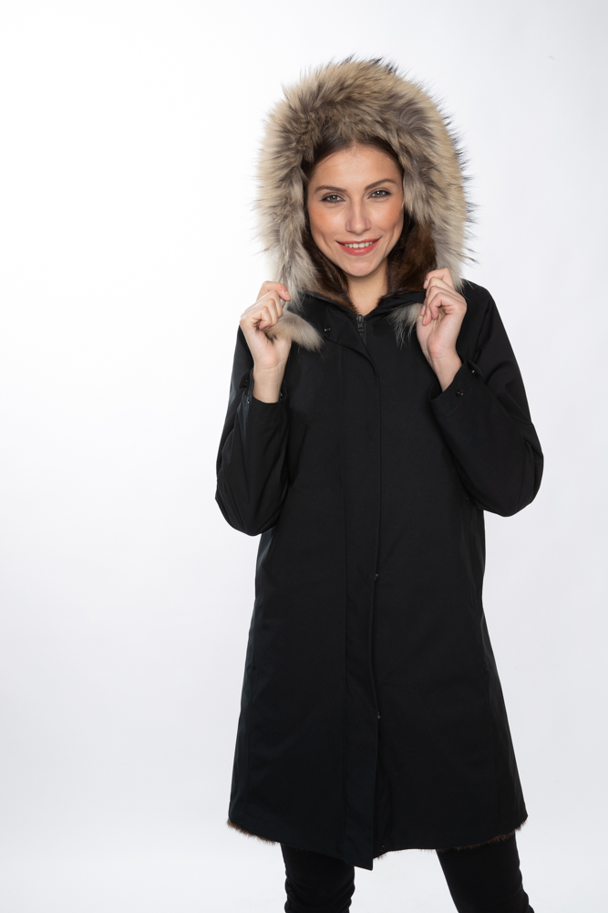Black Waterproof 3/4 Raincoat Lined w/ Natural Demi Buff Mink w/ Asiatic  Raccoon Trimmed Hood (size: Med) - Madison Avenue Furs & Henry Cowit, Inc.