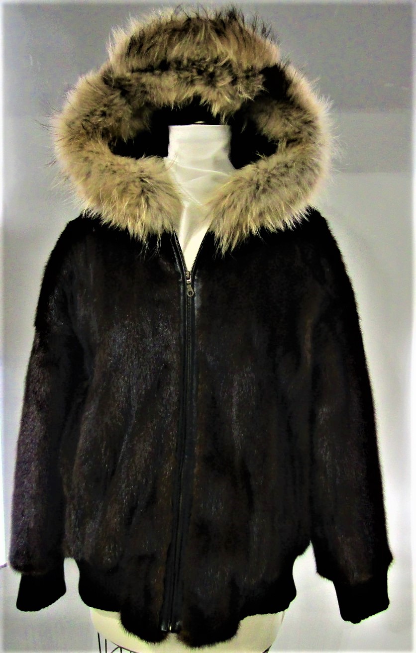 Mens Mink Fur Coat Black with Mahogany Collar